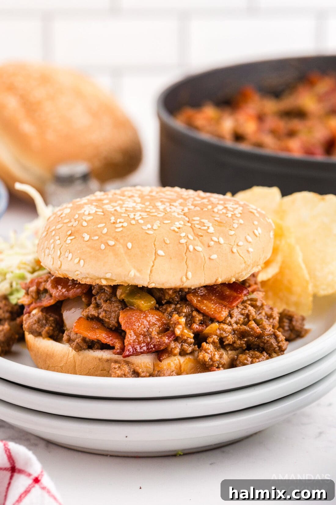 Bacon Sloppy Joes on a bun, ready to be served