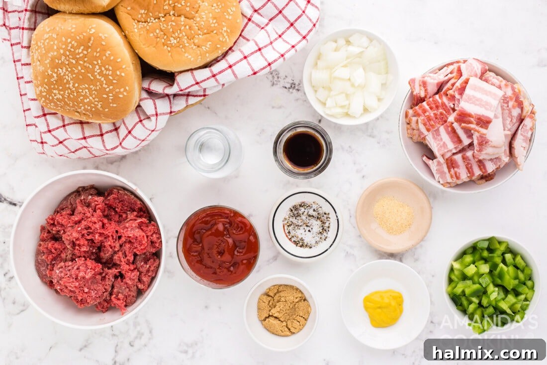 A selection of fresh ingredients laid out for Bacon Sloppy Joes preparation