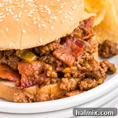 Close up of a homemade Bacon Sloppy Joe sandwich