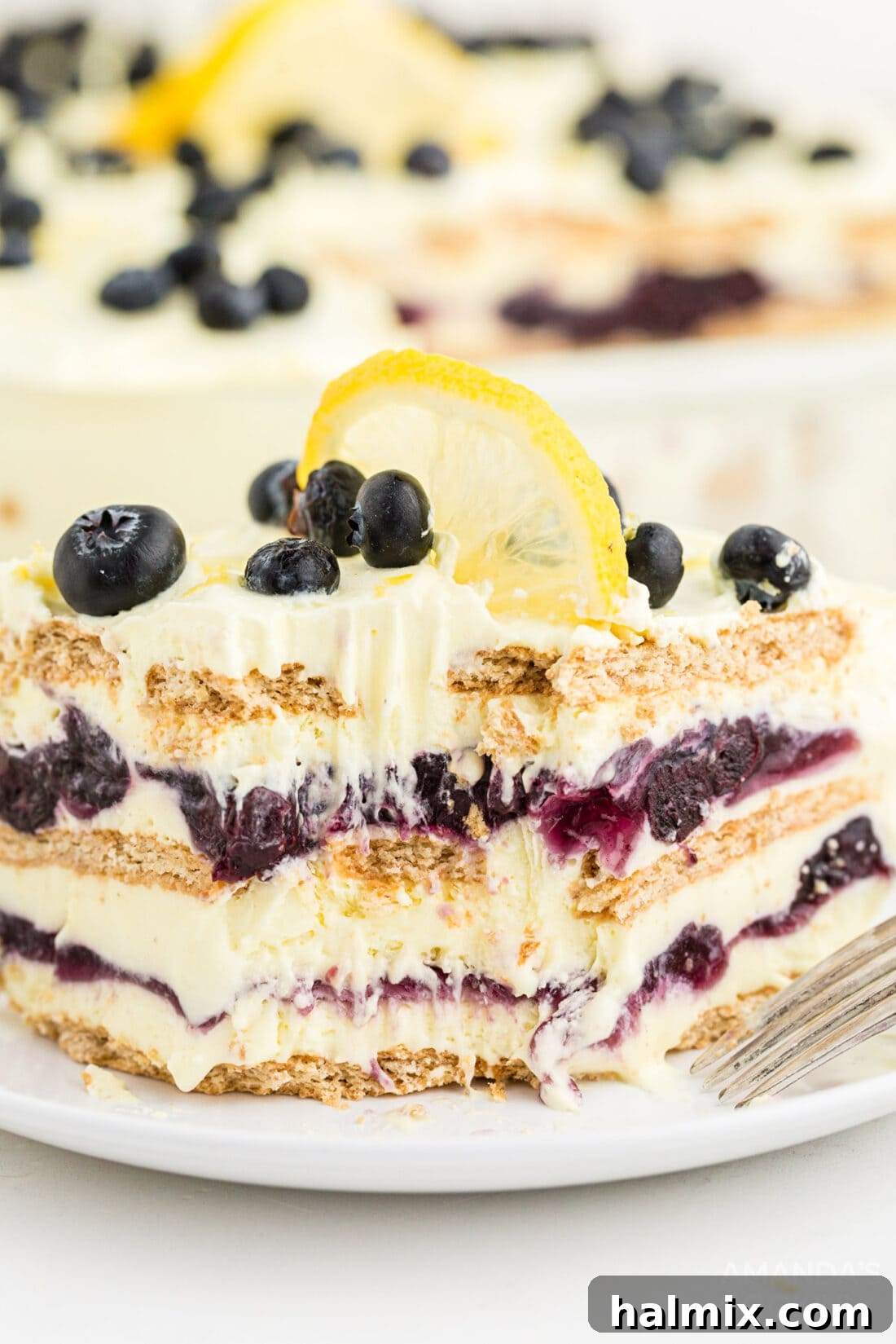Zesty Lemon Blueberry No-Bake Delight 2 Lemon Blueberry Icebox Cake with a bite out of it