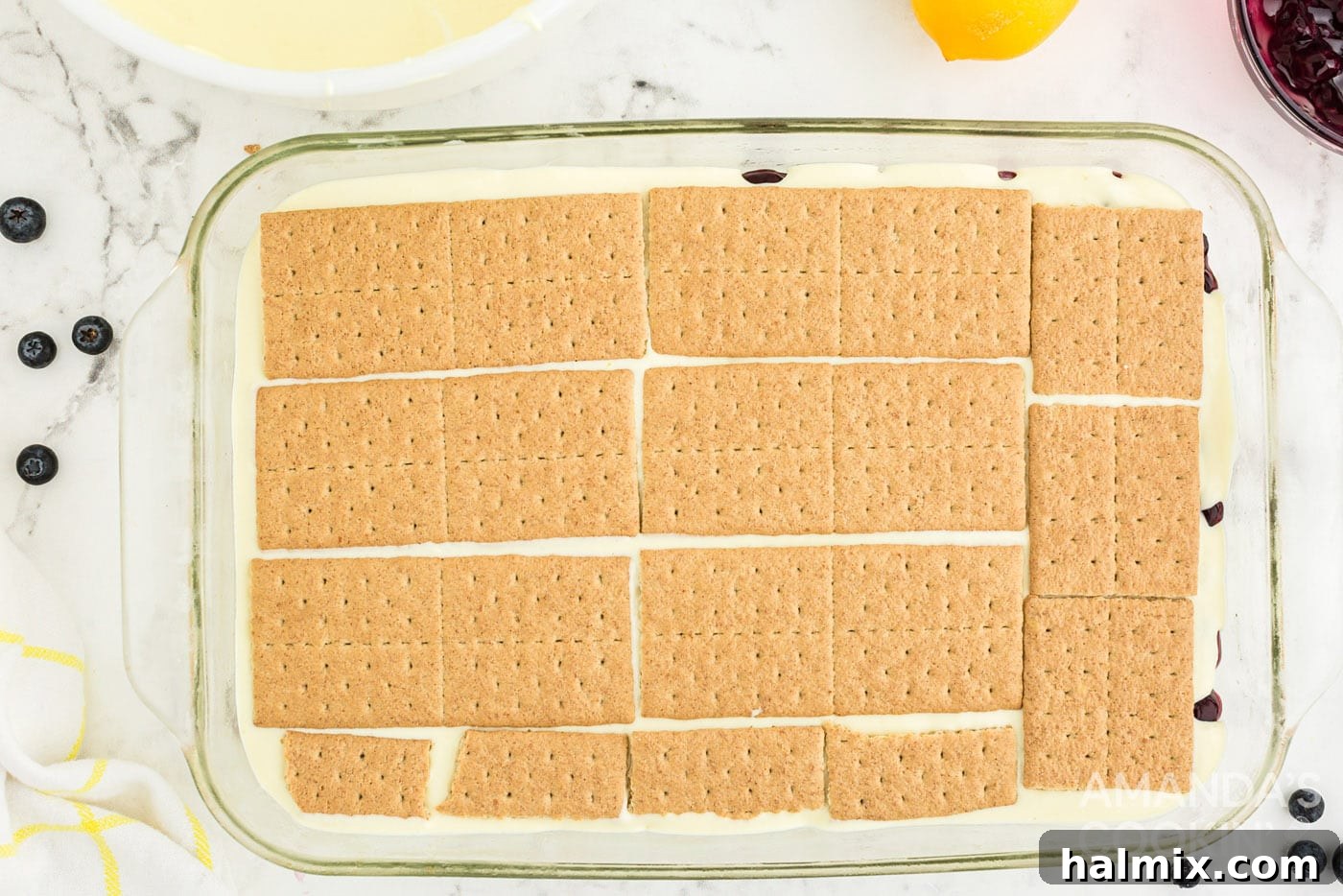 Zesty Lemon Blueberry No-Bake Delight 10 graham crackers on top of pudding mix