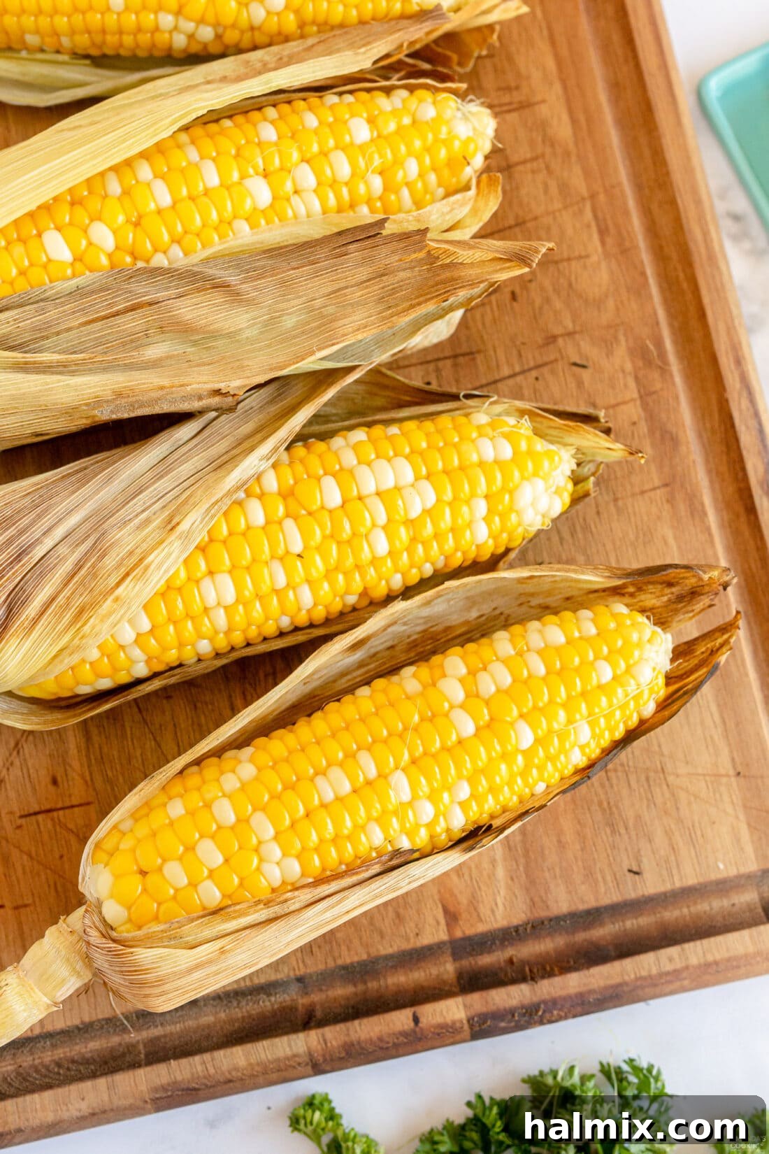Grilled Corn on the Cob with husks on, ready for the grill