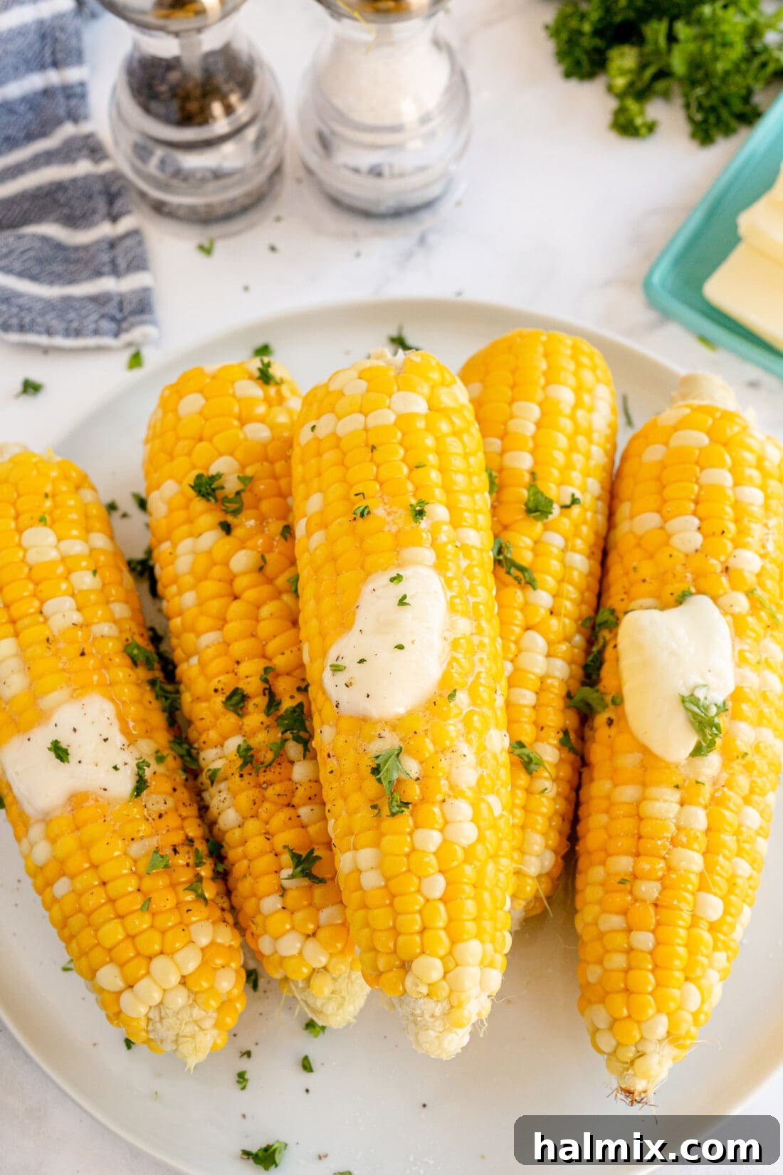 Close up of perfectly grilled corn on the cob with melted butter and seasonings