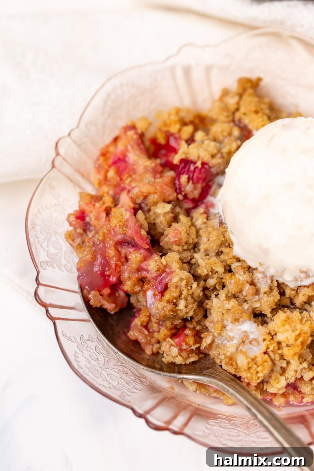 Sweet & Tangy Rhubarb Crunch 2 Rhubarb crisp served in a pink bowl with a scoop of vanilla ice cream melting on top