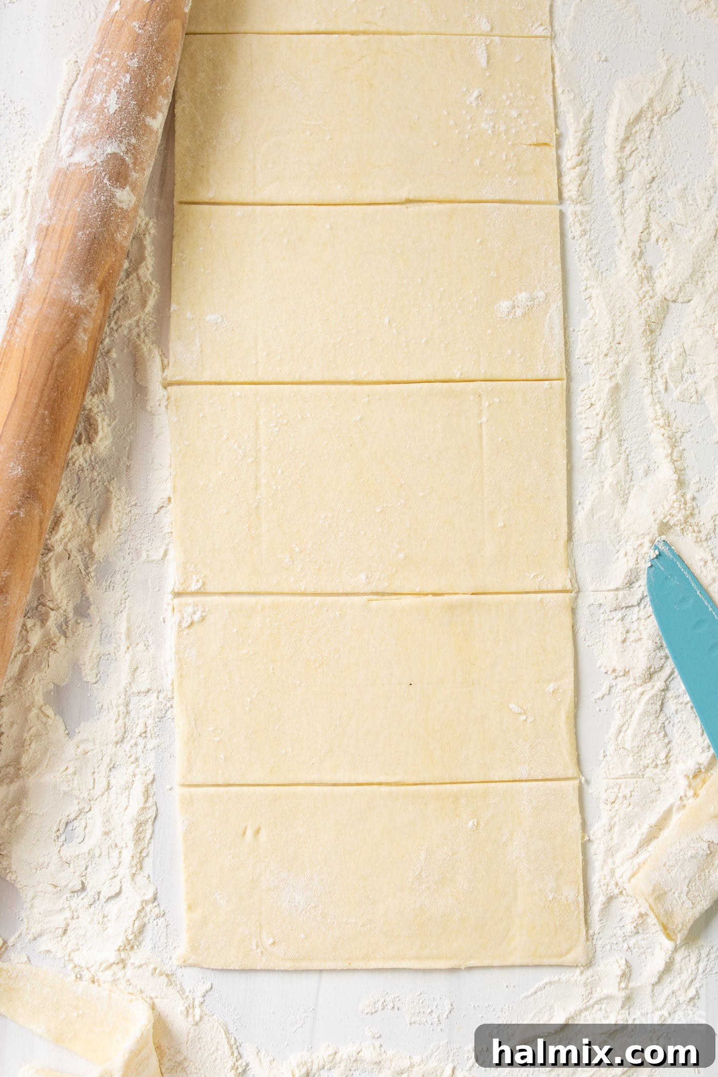 Rectangle slices of pie dough laid out