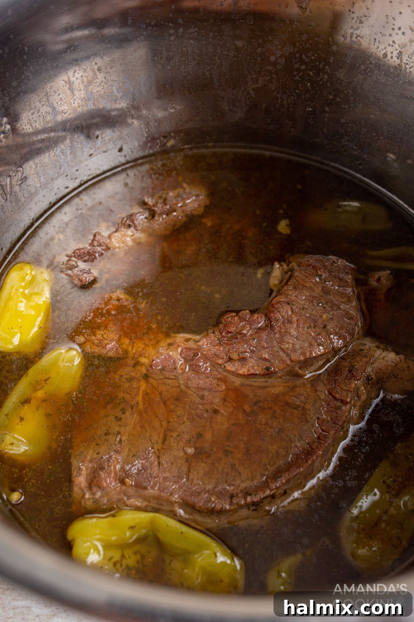 Mississippi Magic in Your Instant Pot 6 mississippi pot roast in an instant pot with liquids
