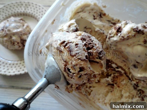 nutella-swirl-cheesecake-ice-cream-2 A close up photo of an ice cream scoop scooping Nutella swirl cheesecake ice cream.
