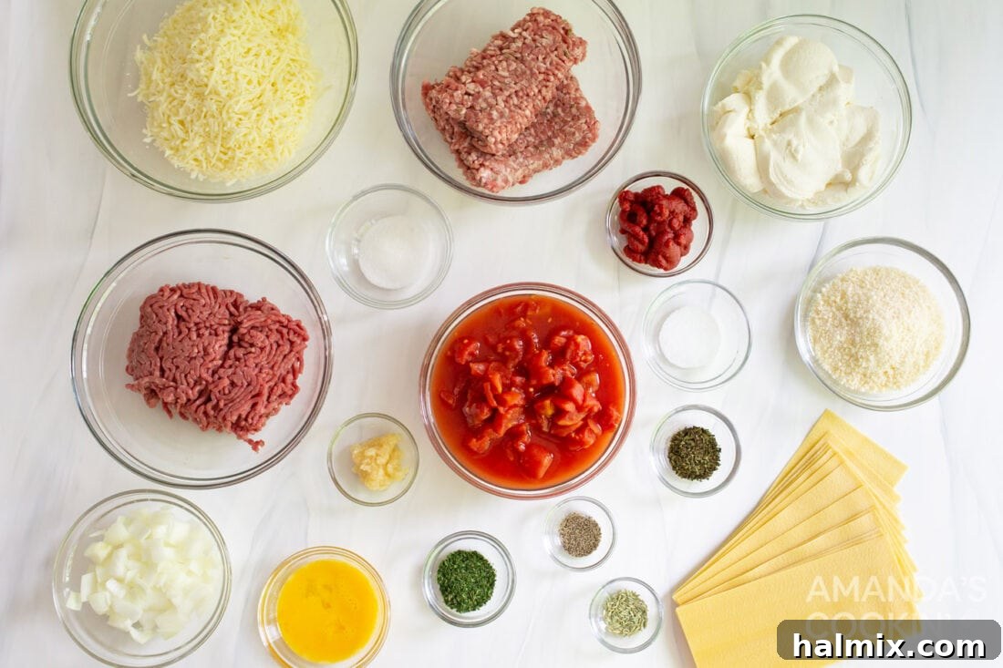 Effortless Instant Pot Lasagna 4 All the fresh and prepared ingredients laid out on a kitchen counter, including ground meats, cheeses, noodles, tomatoes, and spices, ready for making Instant Pot Lasagna.