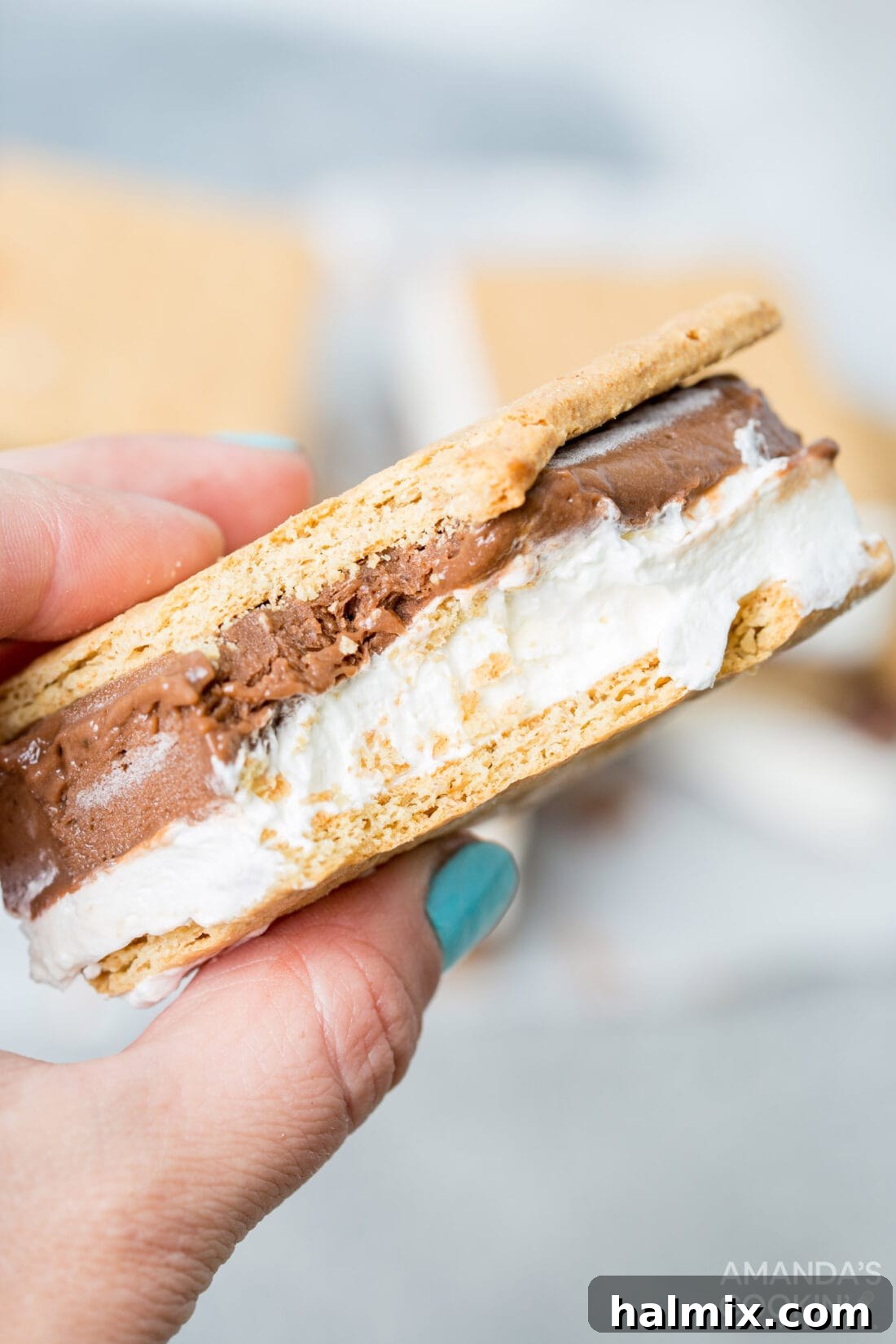 Frosty S'mores 3 holding a frozen smores with a bite out of it