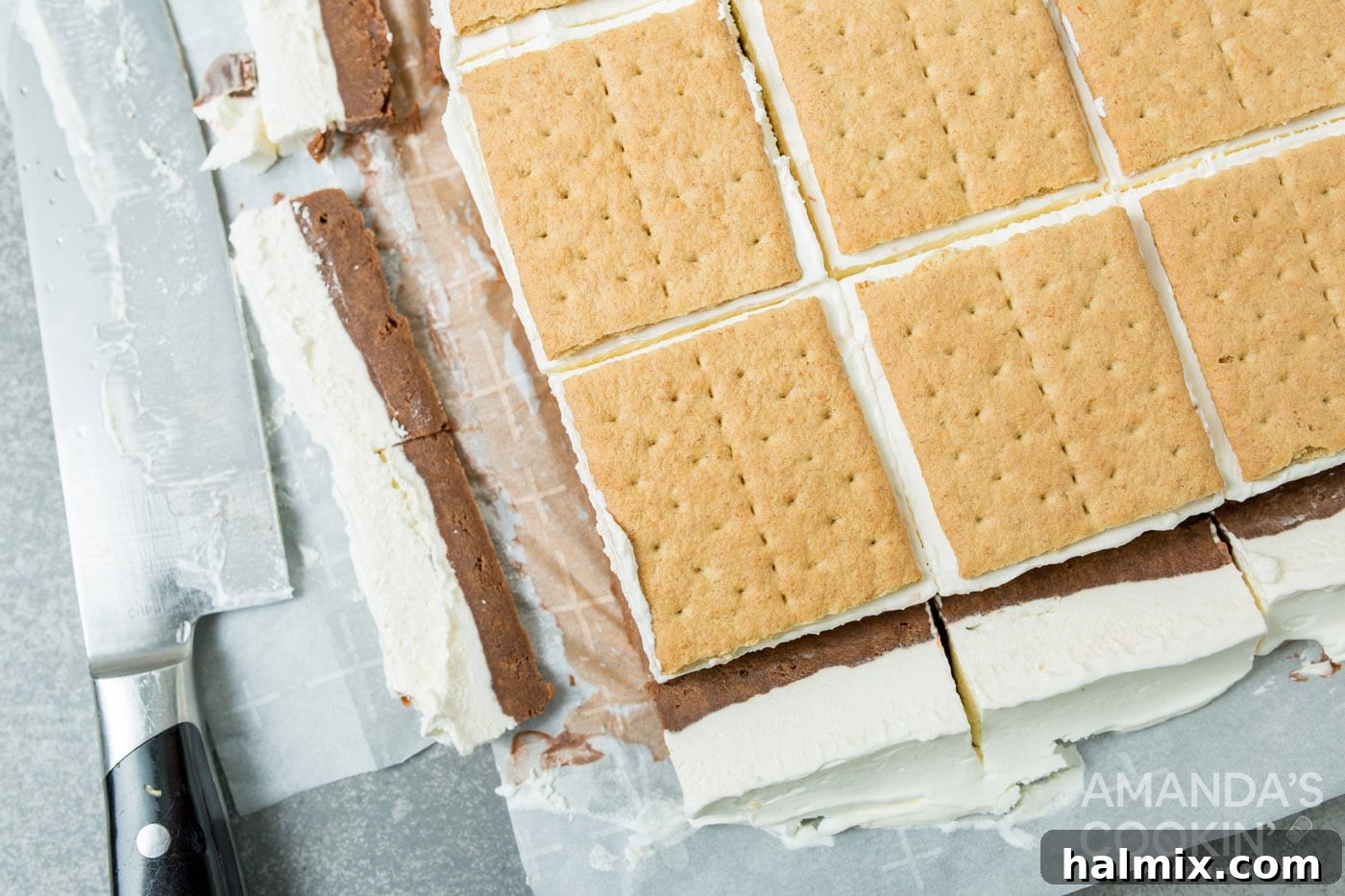 Frosty S'mores 9 excess chocolate pudding and marshmallow layers cut off of graham crackers