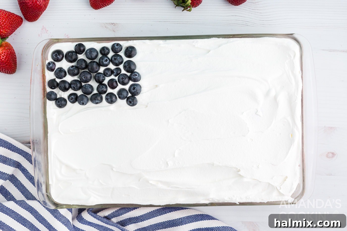 Blueberries arranged in the top-left corner of the cake to form the star field of the American flag.