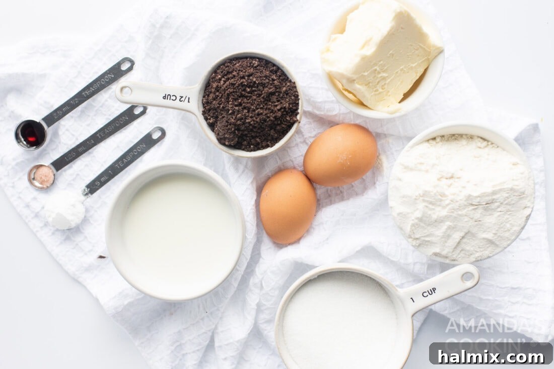 Assortment of ingredients for making Oreo cheesecake bars