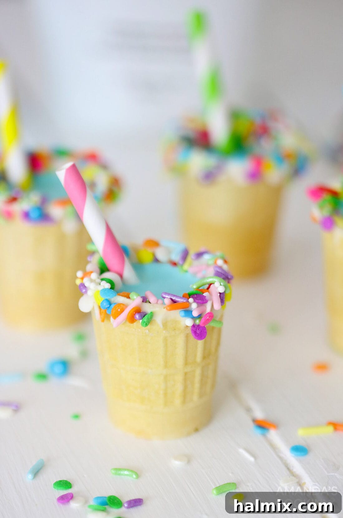 Close-up of Rum Chata Shots in decorated ice cream cones