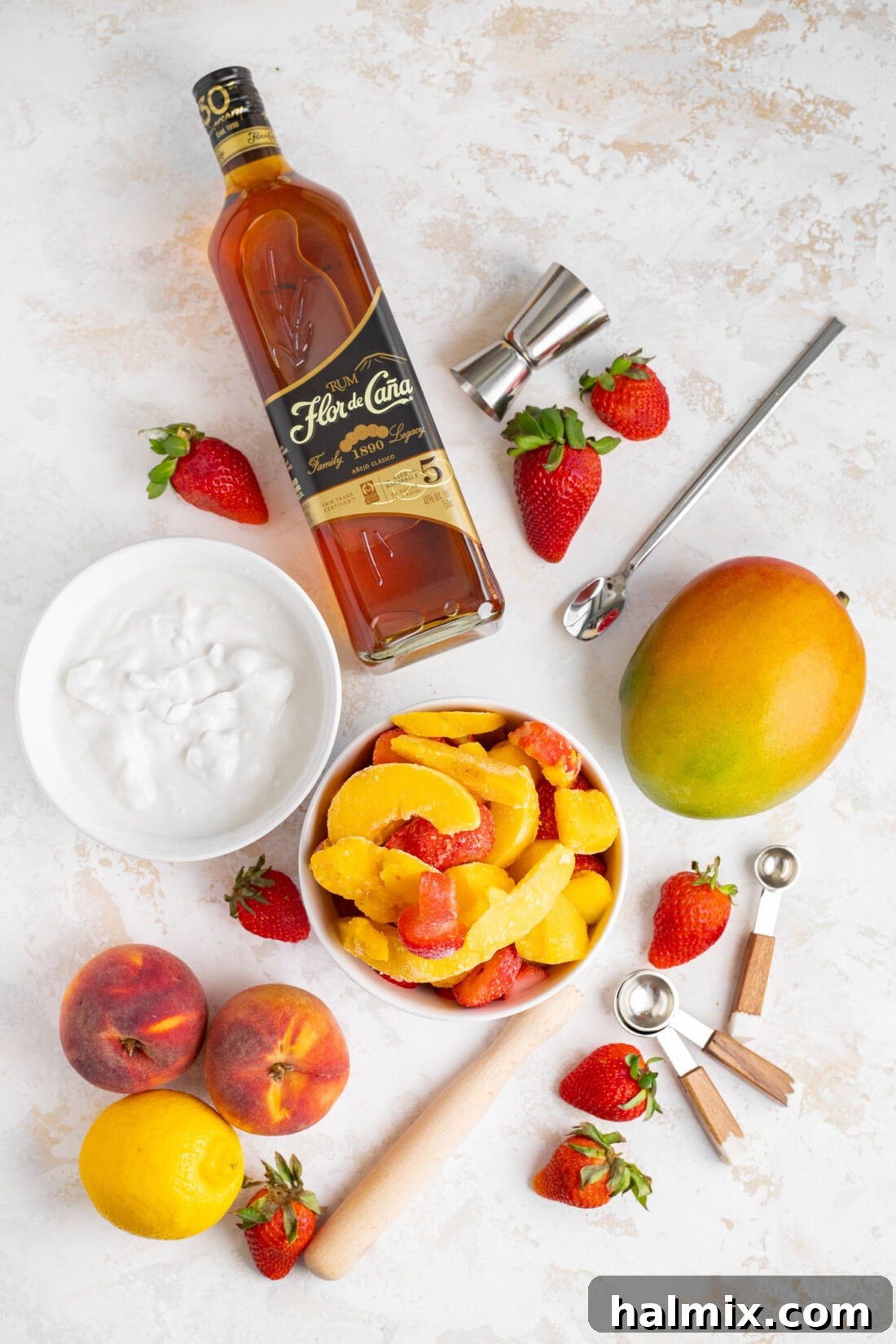 Island Rum Freeze 4 Ingredients for Tropical Rum Slush laid out on a table