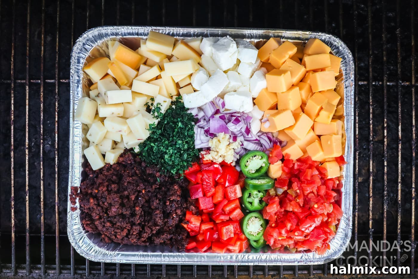 Smoky Cheese Dip 5 queso dip ingredients in a 13x9 foil pan