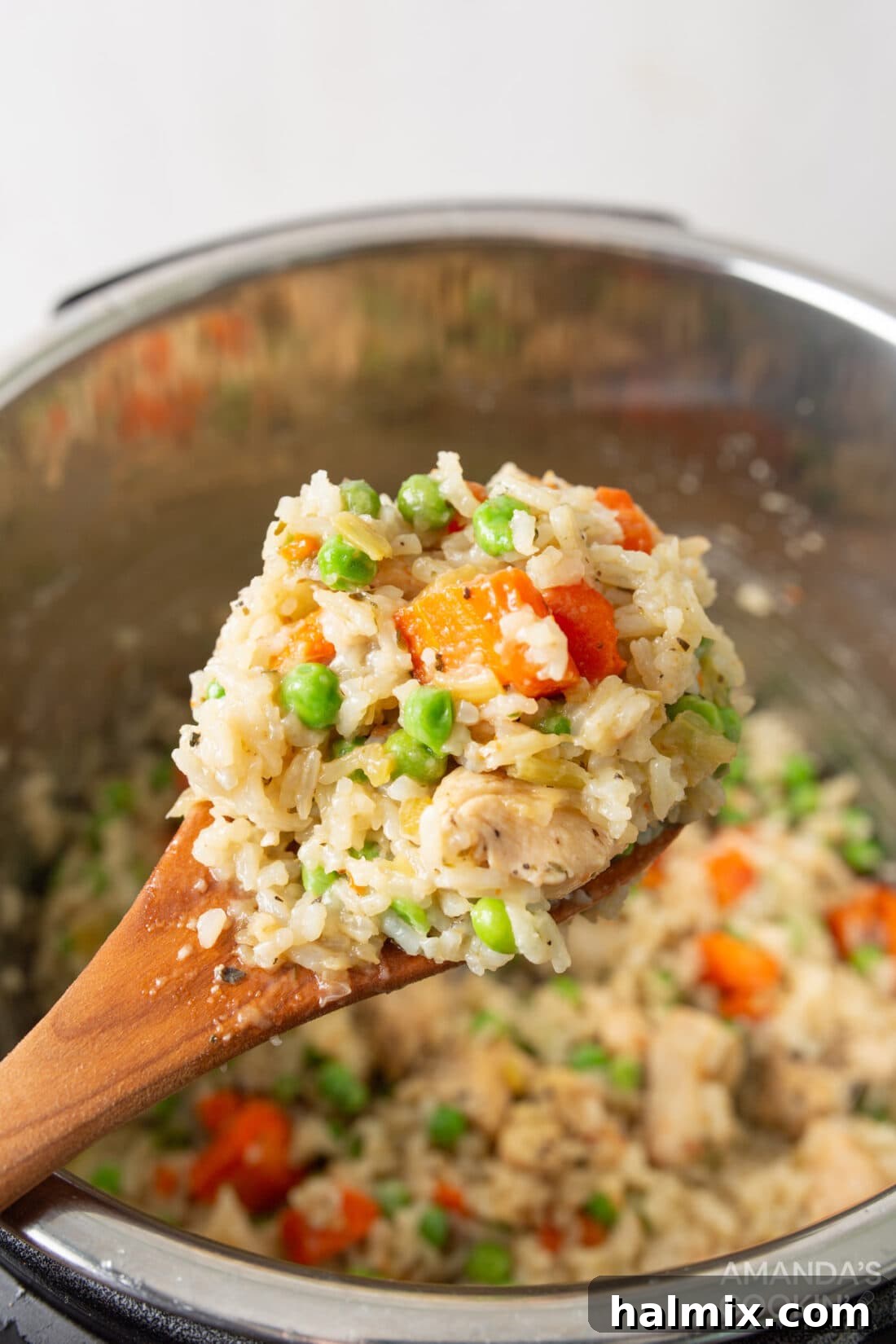 Easy Instant Pot Chicken and Rice 2 A close-up shot of a spoon lifting Instant Pot chicken and rice, showcasing its comforting texture and rich ingredients.
