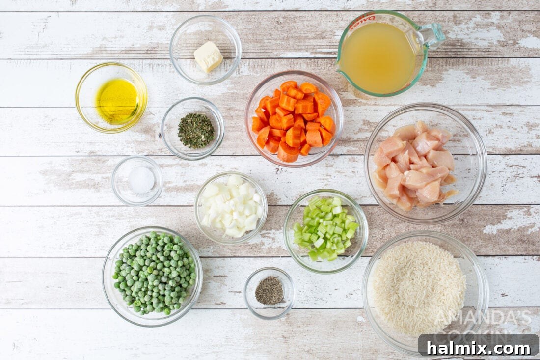 Easy Instant Pot Chicken and Rice 4 A flat lay of fresh ingredients laid out on a kitchen counter, including chicken breast, carrots, celery, onion, rice, and seasonings, ready for an Instant Pot recipe.