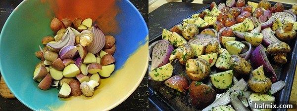 A photo of a bowl of cut up red onion, mushrooms and potatoes. Another photo of red onion, potatoes and mushrooms on a baking sheet.