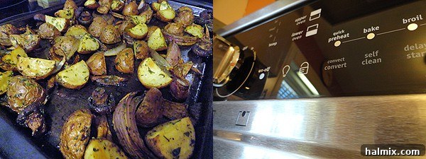 A close up photo of roasted potatoes, red onion and mushrooms on a baking sheet. Another close up photo of an oven.