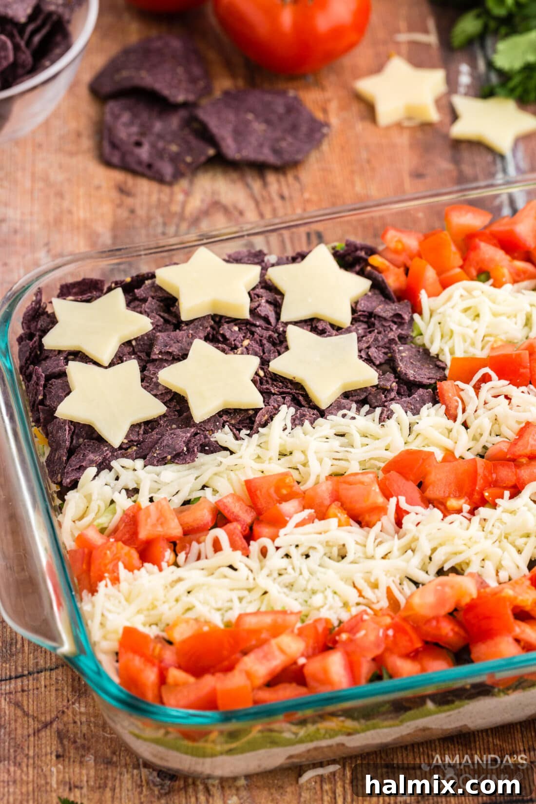 Close-up view of the American flag taco salad, showcasing the detailed layers.