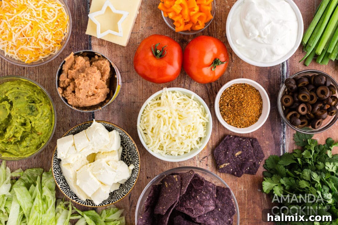 Fresh ingredients laid out for making a taco salad flag.
