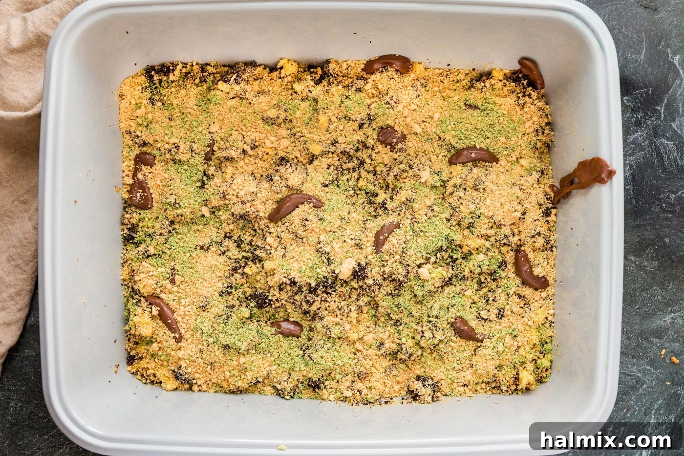 Tootsie Rolls strategically placed on top of the finished kitty litter cake, ready for serving with a scooper.