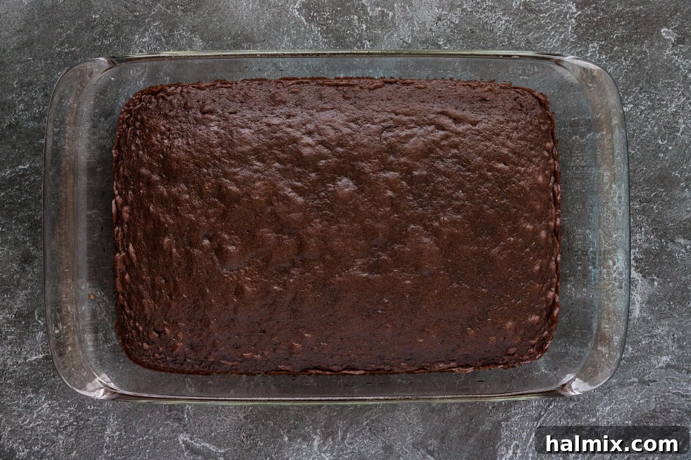 A baked chocolate cake in a dish, prepared for the next step of this gross Halloween food recipe.