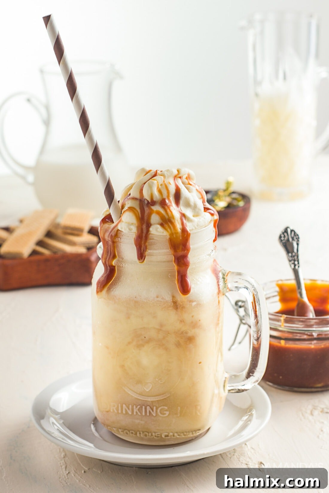 Velvet Salted Caramel Dream 2 Creamy Salted Caramel Milkshake in a Mason Jar with Whipped Cream