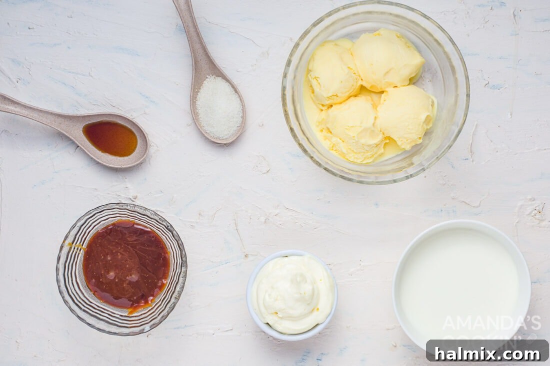 Velvet Salted Caramel Dream 4 All ingredients neatly laid out for making a salted caramel milkshake
