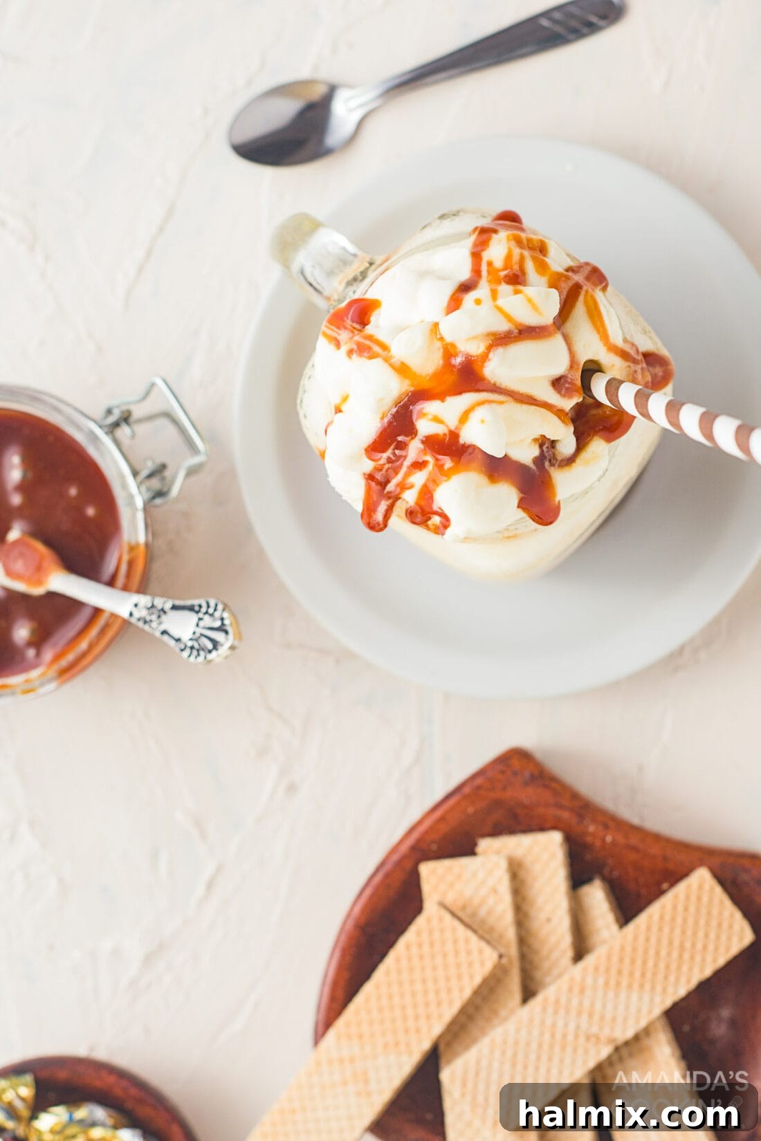 Velvet Salted Caramel Dream 7 Overhead view of a perfectly garnished salted caramel milkshake, ready to be enjoyed