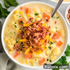 A hearty bowl of Corn Chowder, optionally topped with crispy bacon