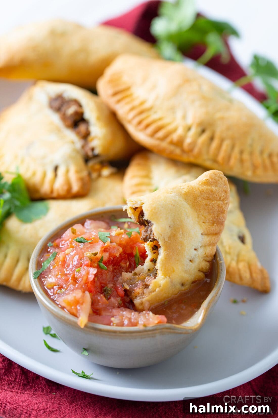 Golden brown air fryer empanada dipped in pico de gallo, showcasing its crispy texture.