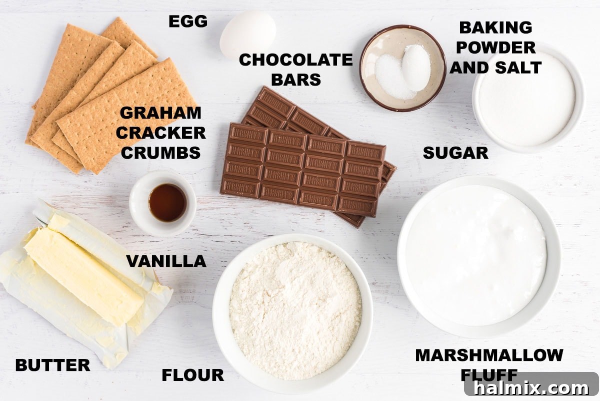Gooey S'mores Bars 4 labeled ingredients for smores bars