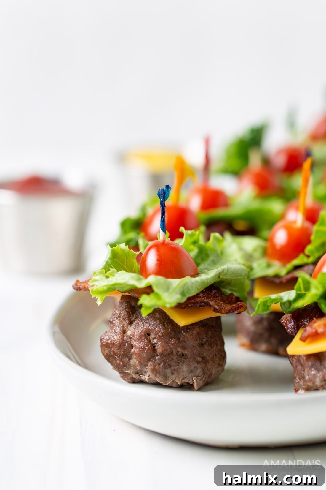Bacon Cheeseburger Bombs 2 A vibrant plate of Bacon Cheeseburger Meatballs, showcasing their irresistible bite-sized appeal with fresh toppings and golden-brown meatballs.