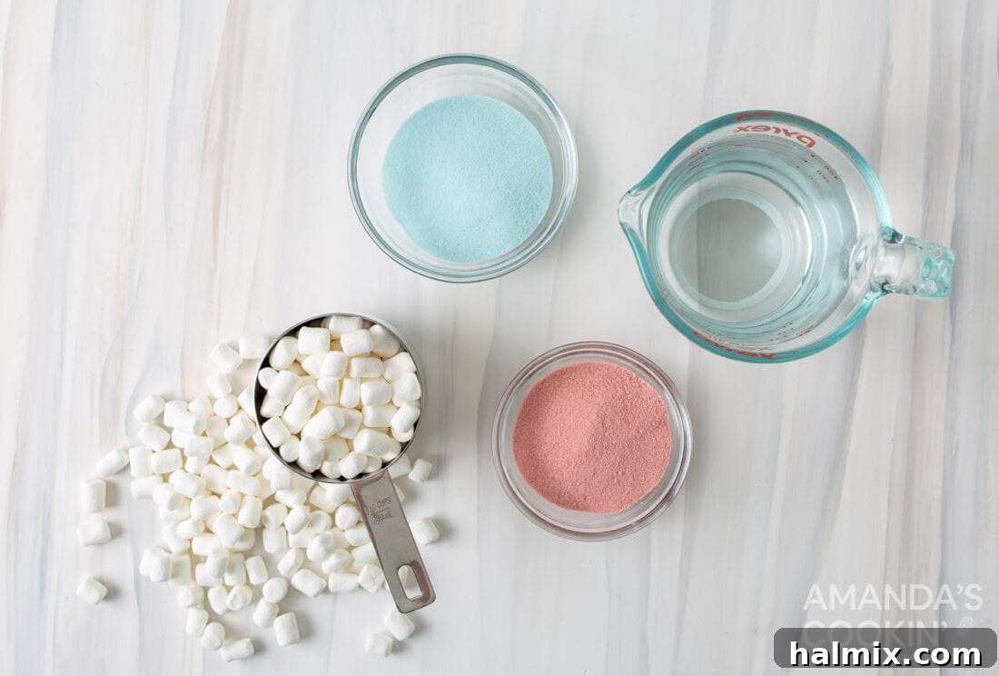 Ingredients for Jello Roll Ups laid out: two boxes of Jell-O mix (red and blue), a bag of mini marshmallows, and a measuring cup of water.