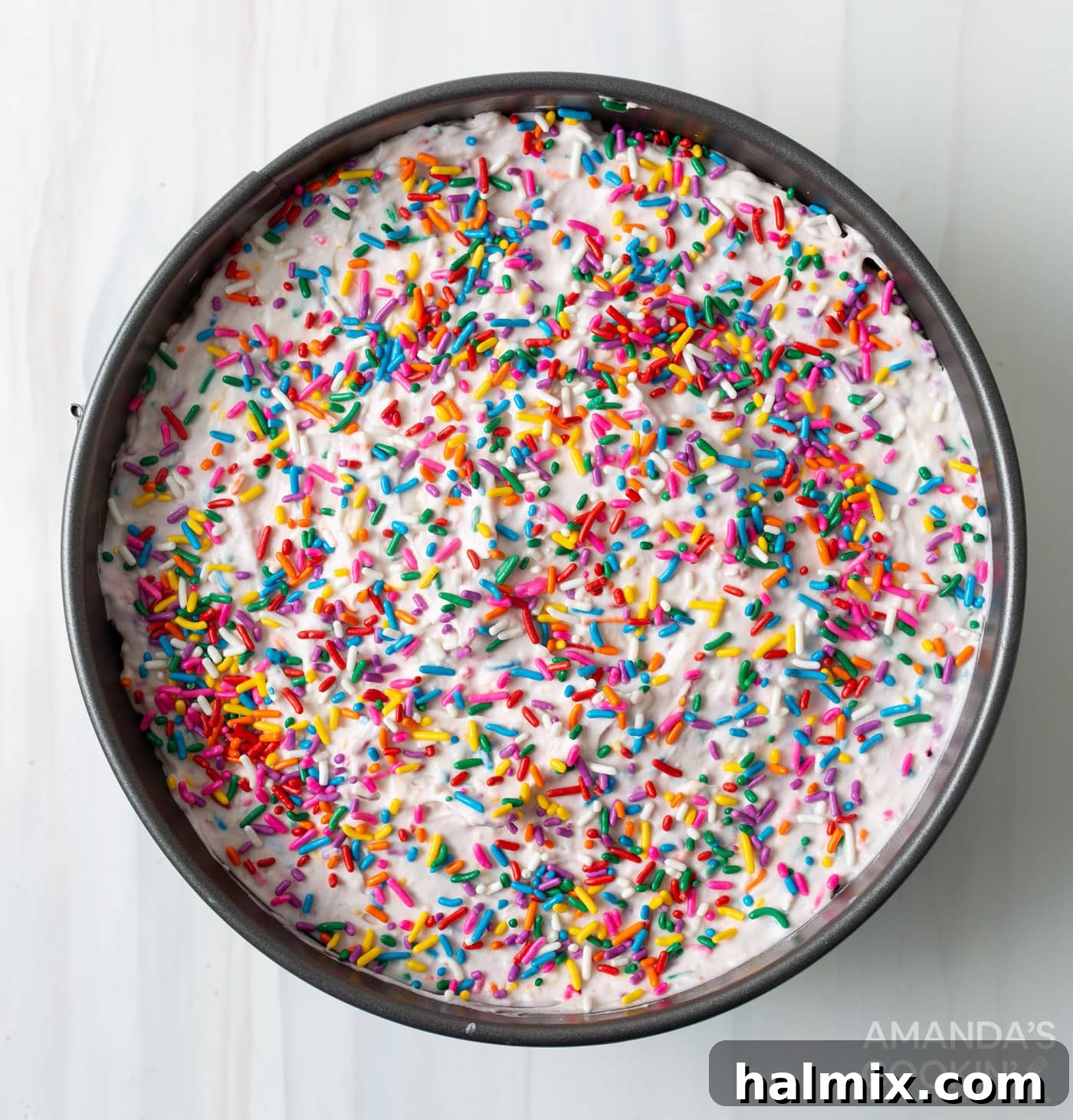 Rainbow No-Bake Dream 8 funfetti icebox cake in a pan