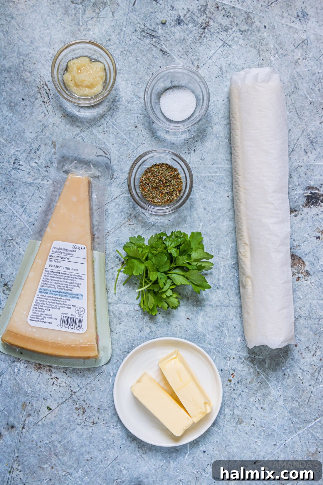 Ingredients for Air Fryer Garlic Parmesan Twists laid out