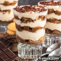 Close up photo of Bailey's Tiramisu Parfaits, showing the layers clearly