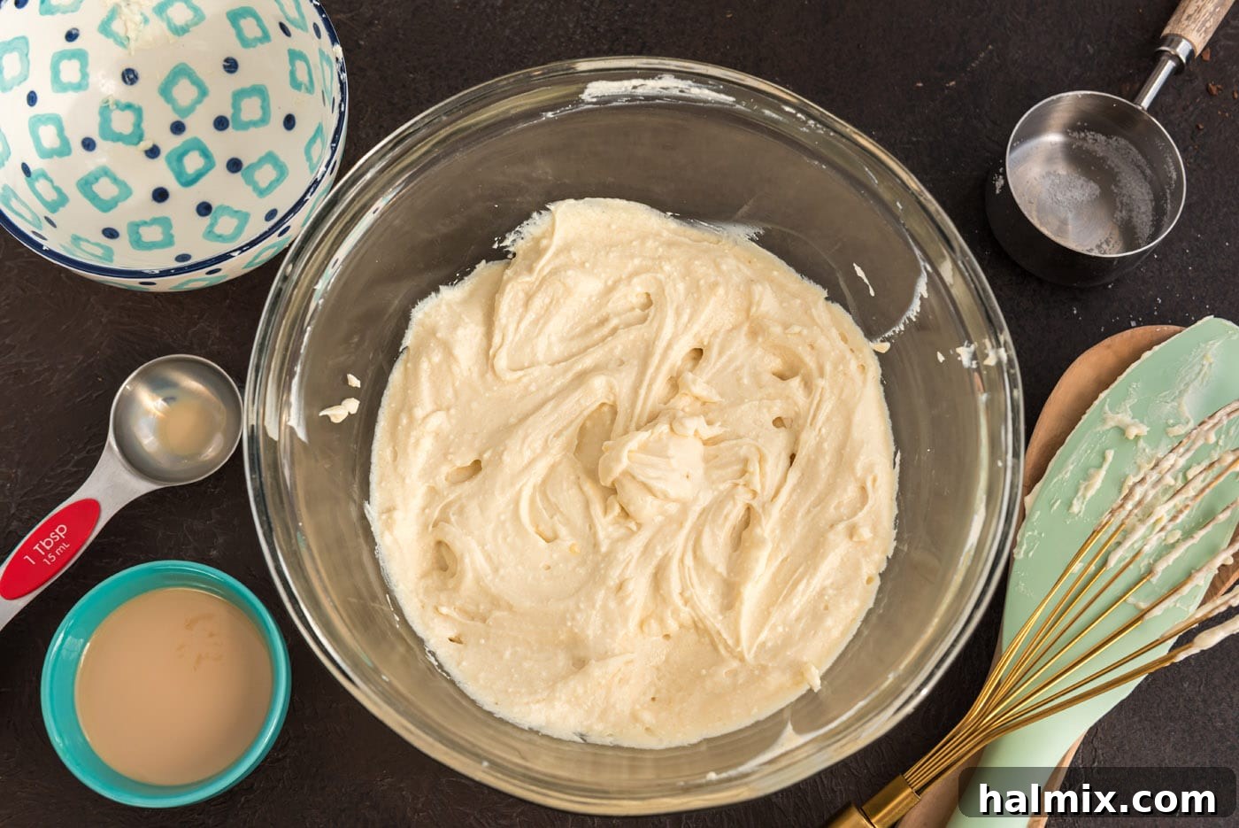 The smooth, creamy consistency of the whisked mascarpone cheese mixture after incorporating sugar and Bailey's Irish Cream.