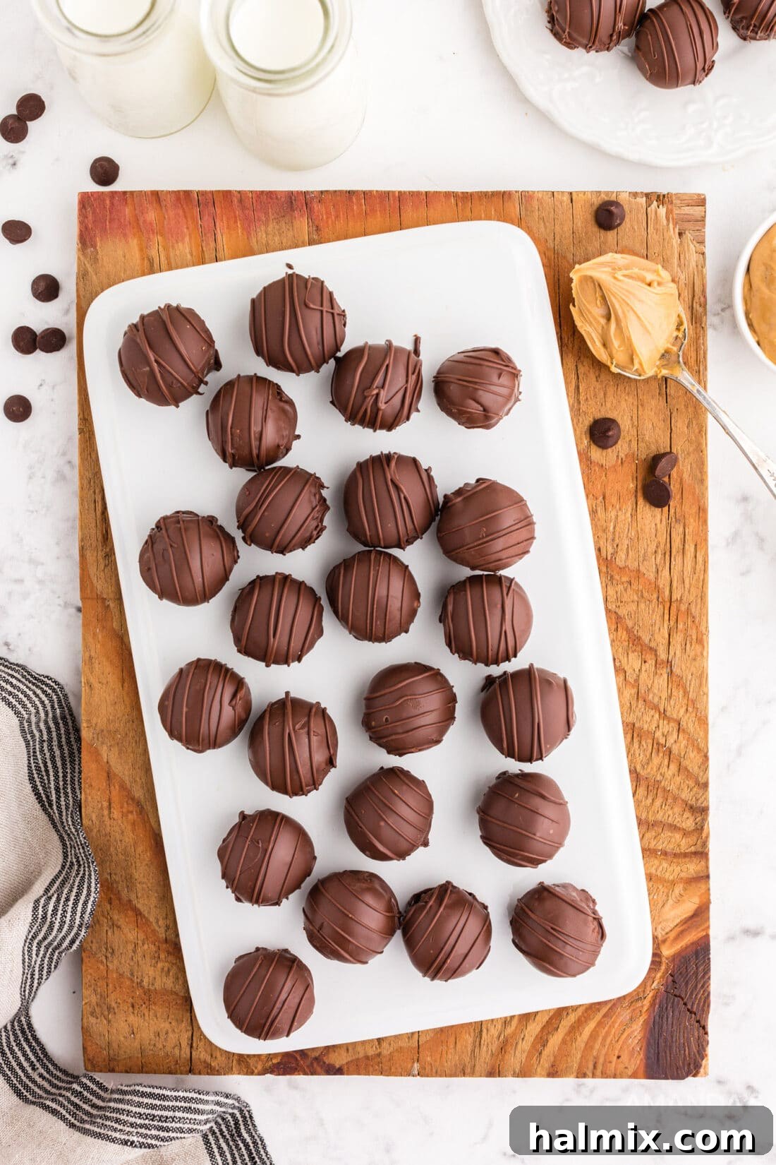 A pristine tray of freshly made chocolate peanut butter balls, ready to be served or shared.