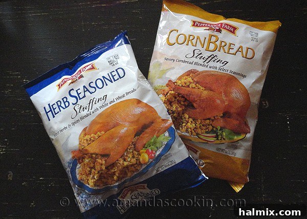 A photo of packages of Pepperidge Farms herb seasoned stuffing and a cornbread stuffing, highlighting the key ingredient for this recipe.