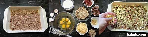 An overhead photo of ingredients to make herbed breakfast stuffing casserole, neatly separated in bowls, ready for assembly.