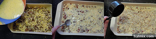 A close-up photo of an unbaked herbed breakfast stuffing casserole, showing the layers before it goes into the oven.