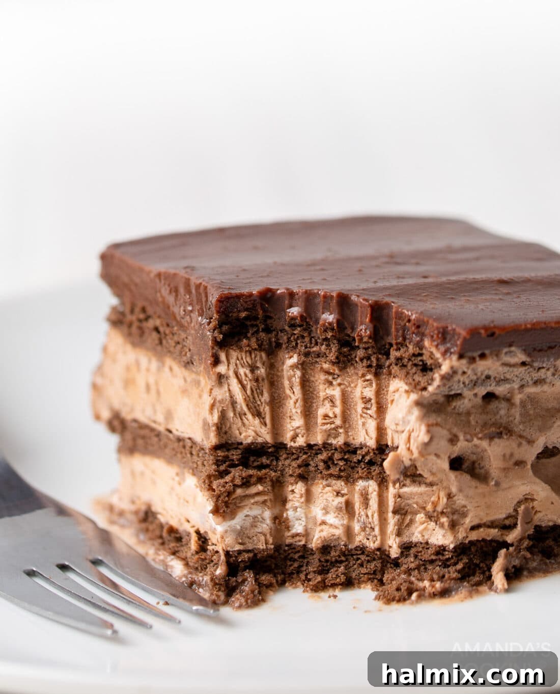 Chocolate Icebox Cake with a fork full removed