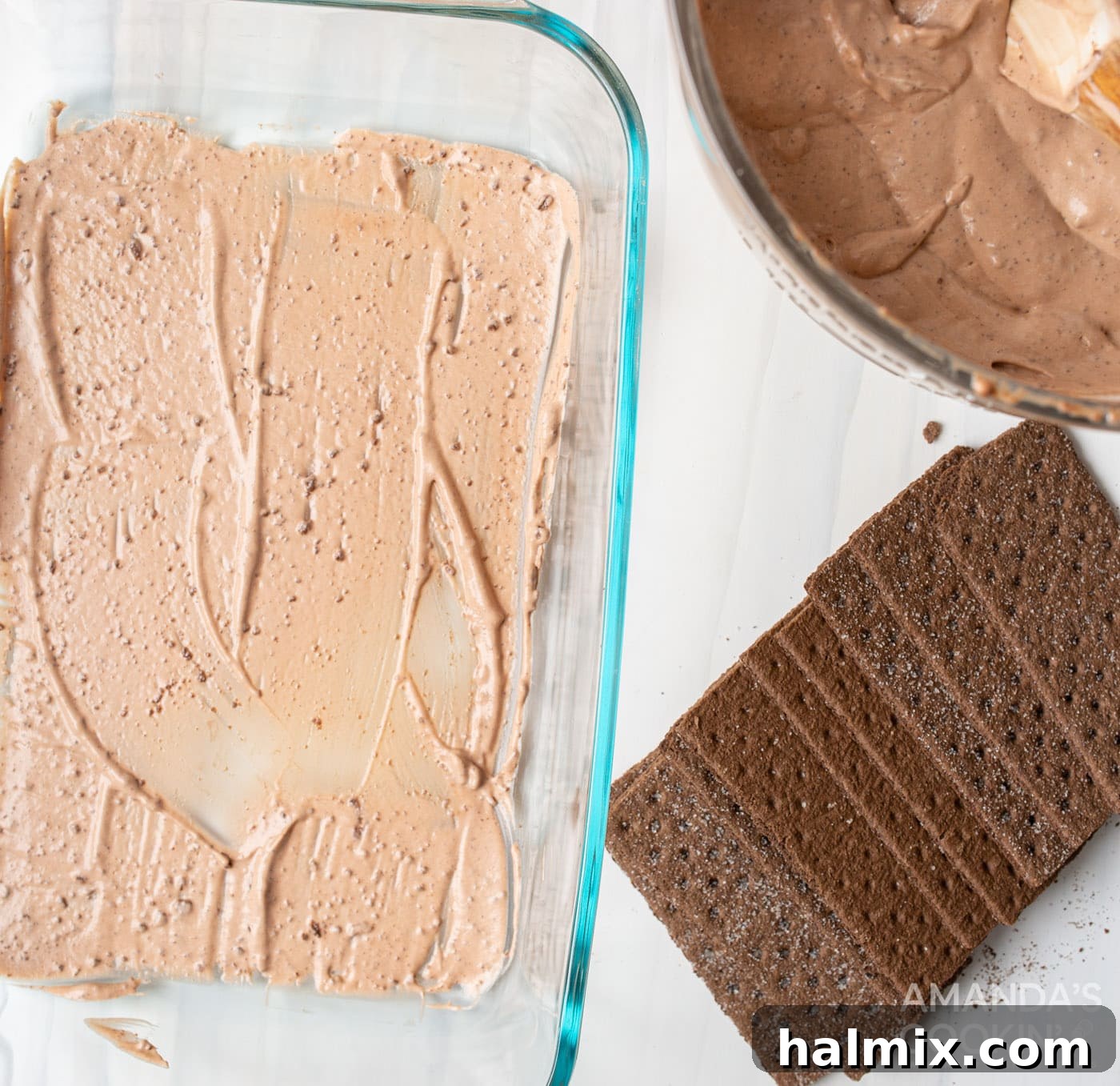 layer of pudding mix in baking dish