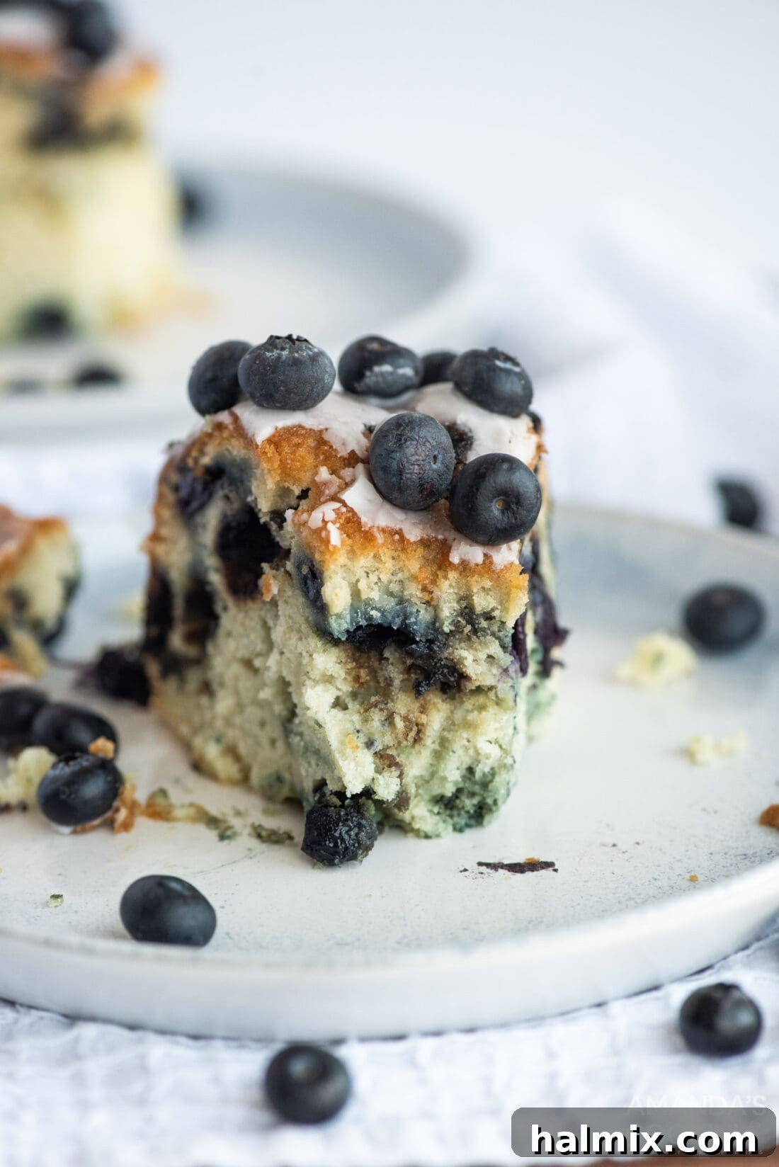 a delightful slice of Blueberry Bundt Cake on a plate, showcasing its fluffy texture