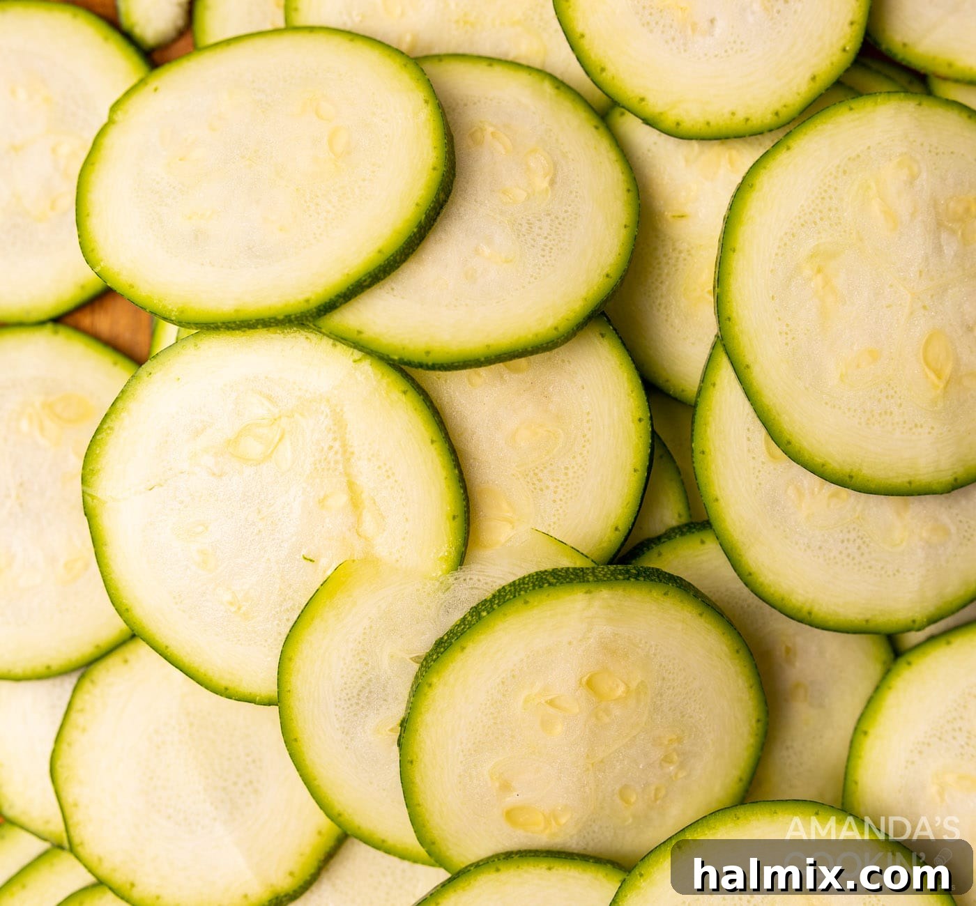 Thinly sliced zucchini rounds prepared with a mandoline