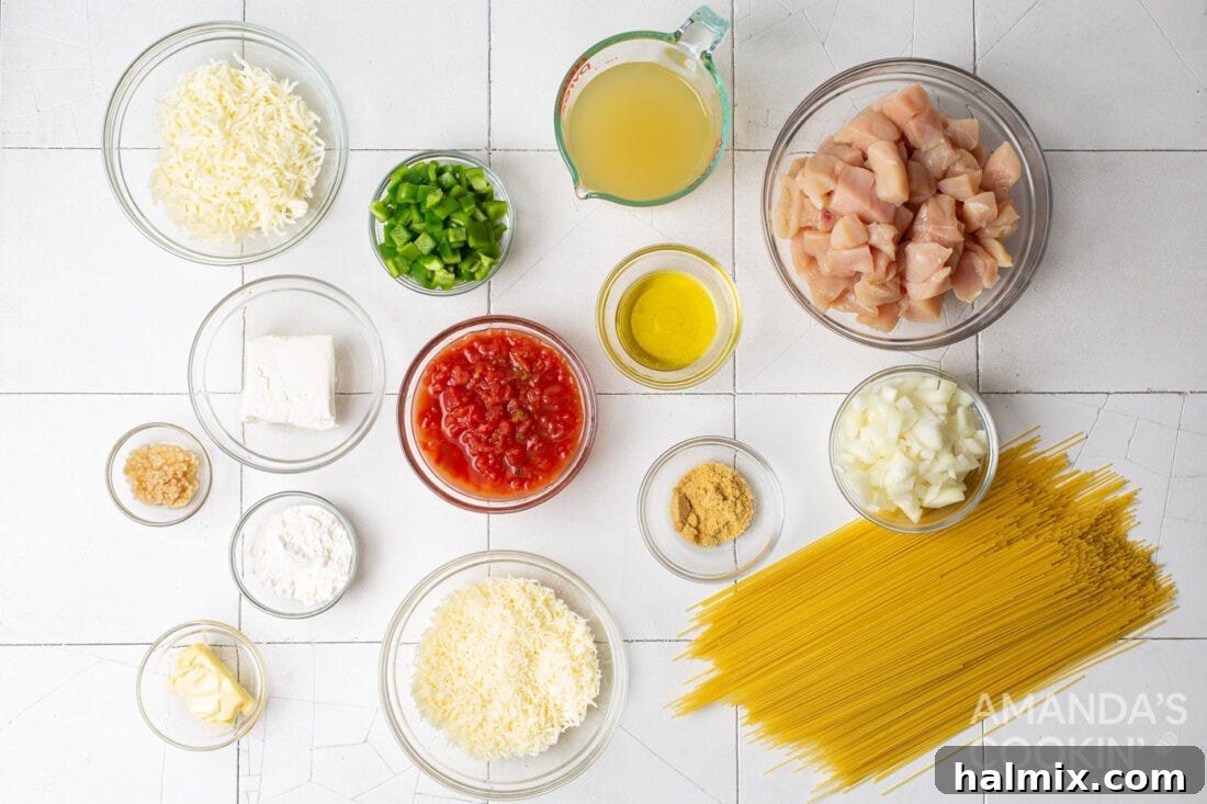 ingredients for Chicken Spaghetti laid out on a counter