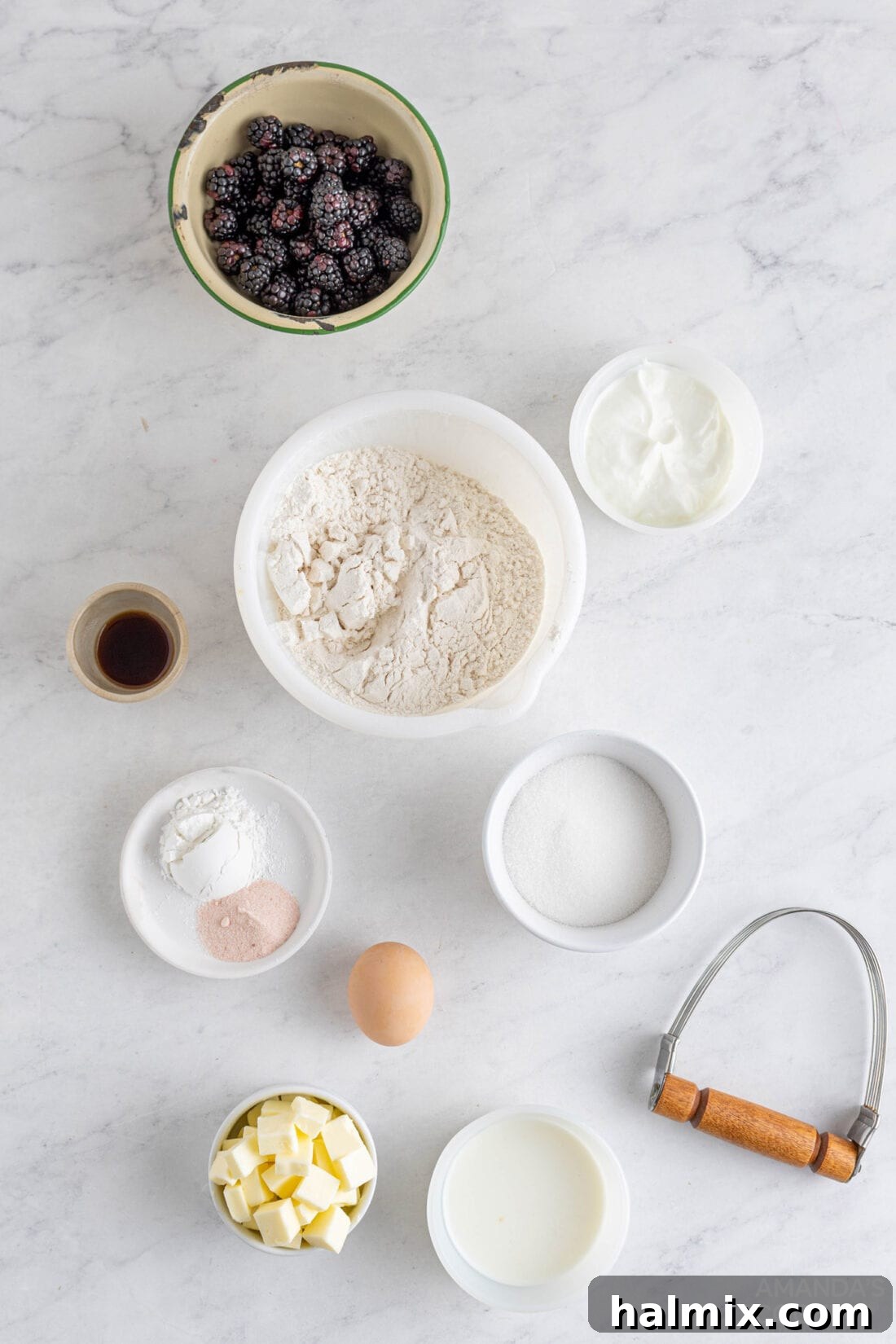 Divine Blackberry Scones 4 various ingredients laid out for making blackberry scones