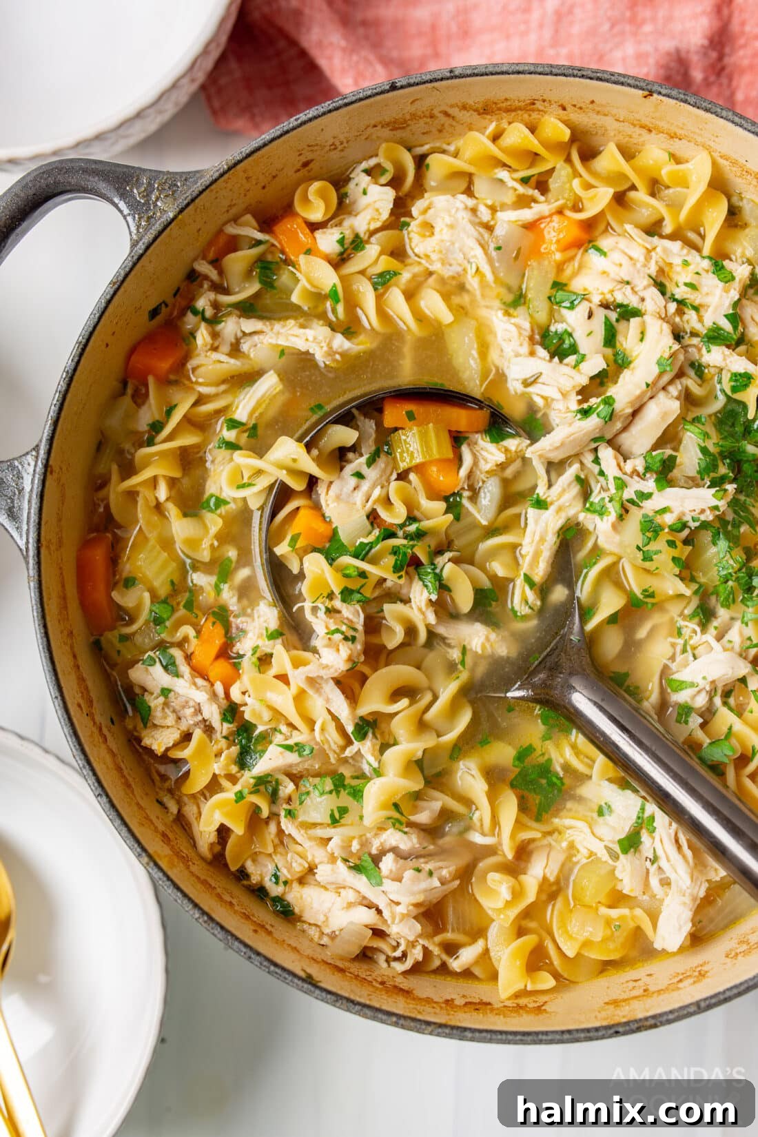 Golden Noodle Chicken Comfort 8 A large pot of traditional homemade chicken noodle soup, freshly cooked and ready to be served, on a white countertop.